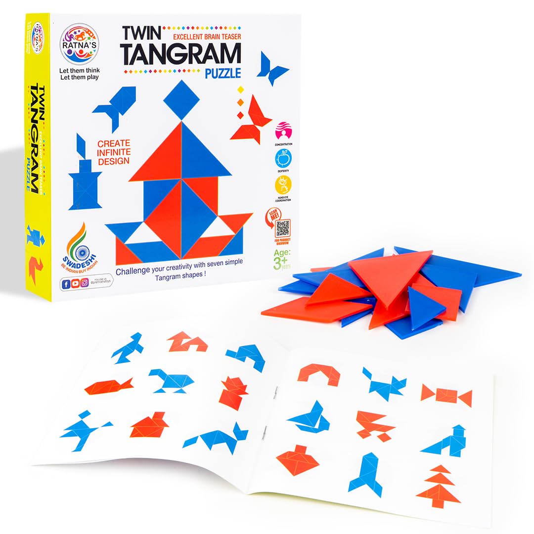 Ratnas Twin Tangram Educational Puzzles for Kids, 14 Pieces Geometric Brain Teaser Jigsaw Toy, Creative Learning Educational Tr