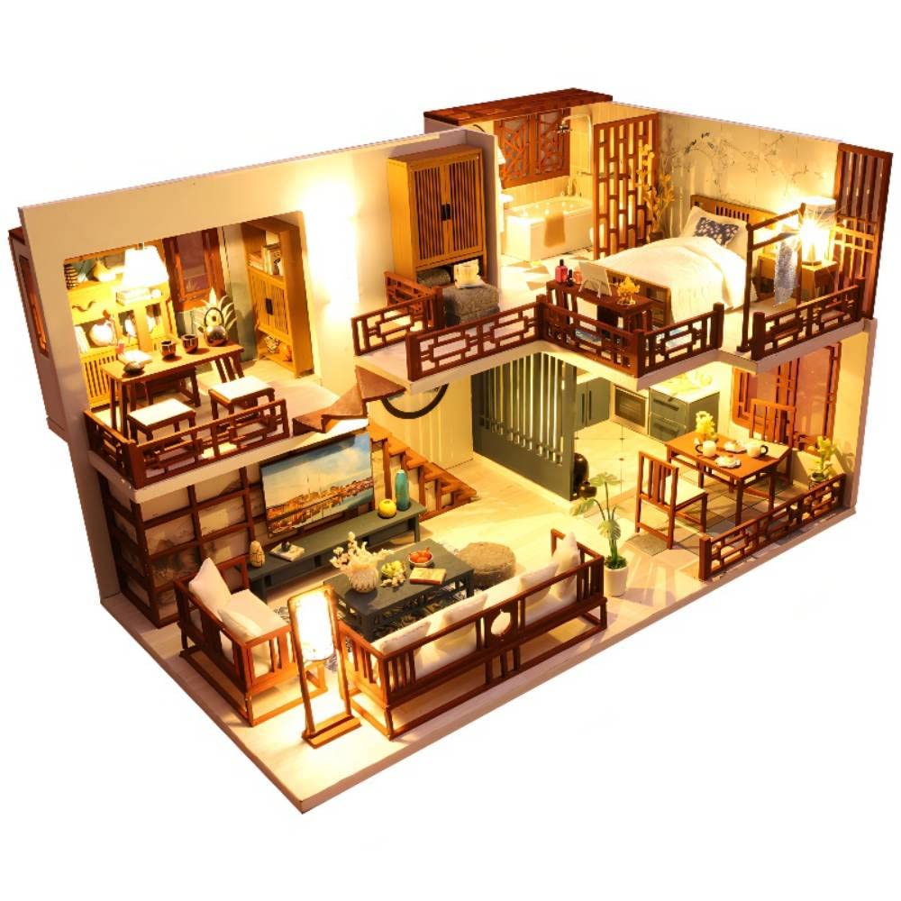 Lannso DIY Dollhouse Miniature Kit  Doll House Kit with Dust Proof Cover and Music Box  Mini Wooden Dollhouse Toys for mature-themed Gift(M25)