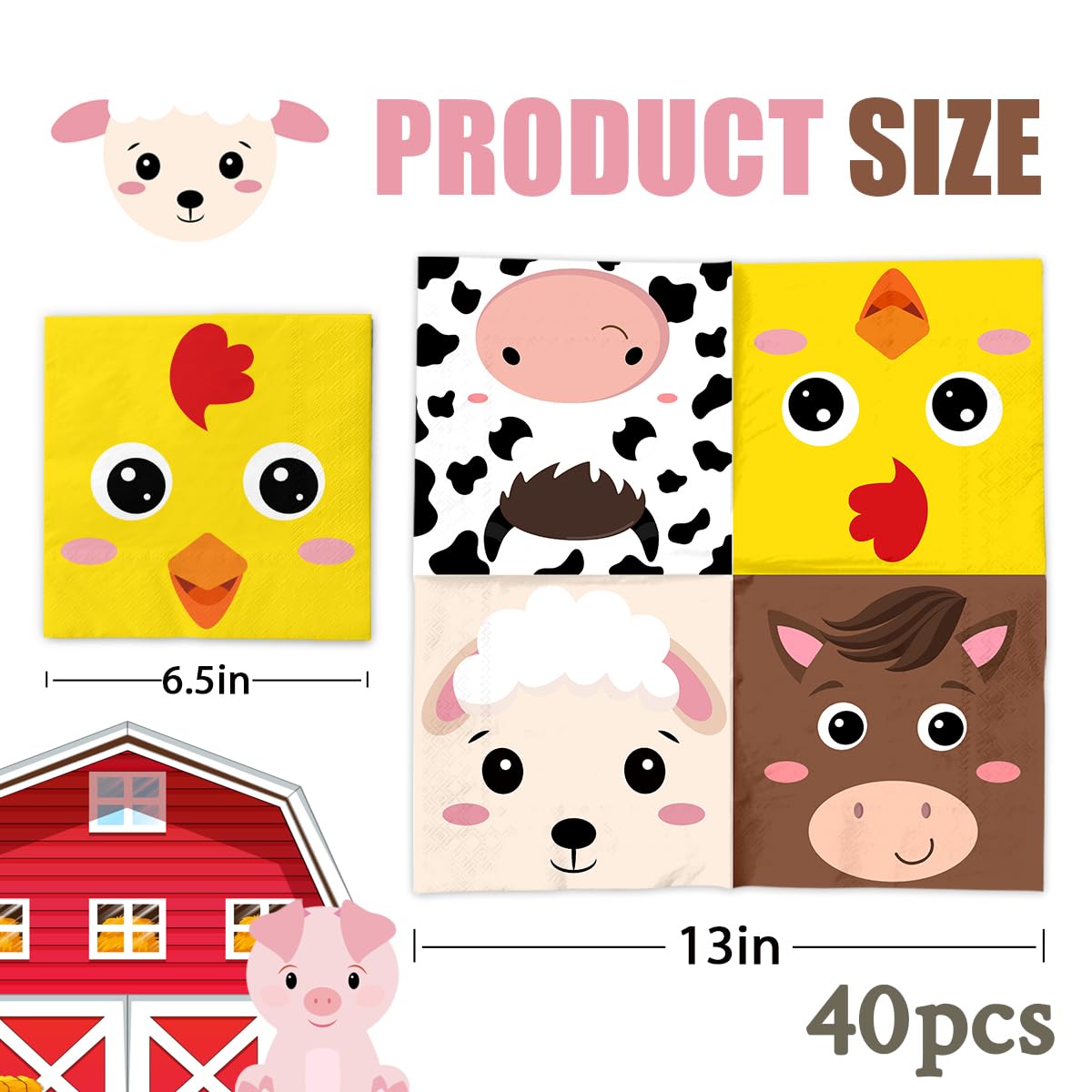 40Pcs Farm Animals Napkins-Farm Theme Party Decorations Pig Cow Horse Chick Animals Disposable Paper Napkins For Birthday,Baby S