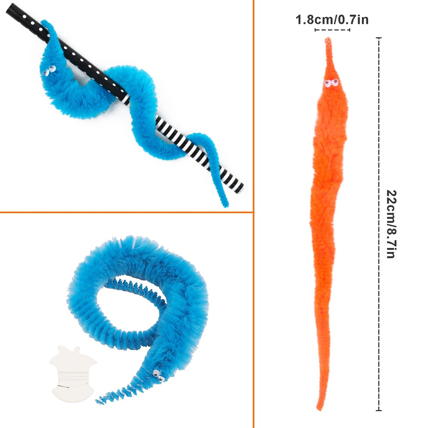 CCINEE 48 Pcs Magic Twisty Worm Toys, Fuzzy Worms on a String, Medium, 12 Colors, Fun Party Favors for Kids and Cats