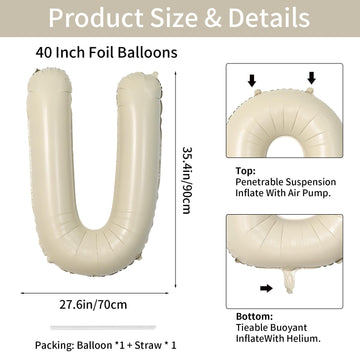 Biapian 40 Inch Letter U Balloons, Giant Cream U Foil Balloon, Big Single Alphabet A-Z Balloons, Beige Large Aluminum U Balloons