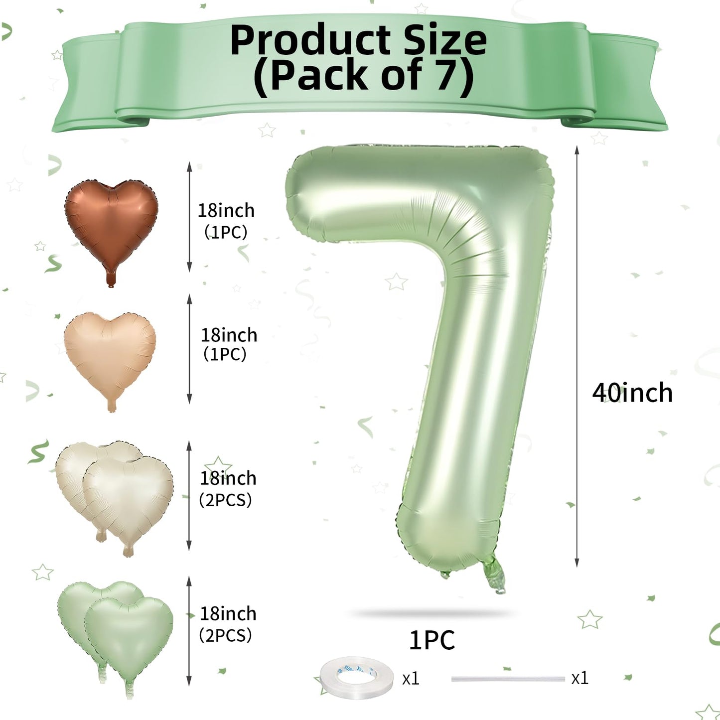 Biapian 40 Inch Sage Green Number 7 Balloons, 7Pcs Gaint Number 7 Balloon With 18'' Retro Foil Heart Balloons Helium For Neutral