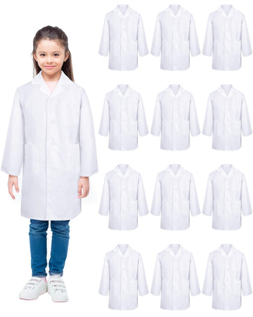 Seajan 12 Pcs Unisex Kids Lab Coat Bulk Soft Kids Scrubs White Doctor Coat Scientist Halloween Costume For Boys And Girls (L Siz