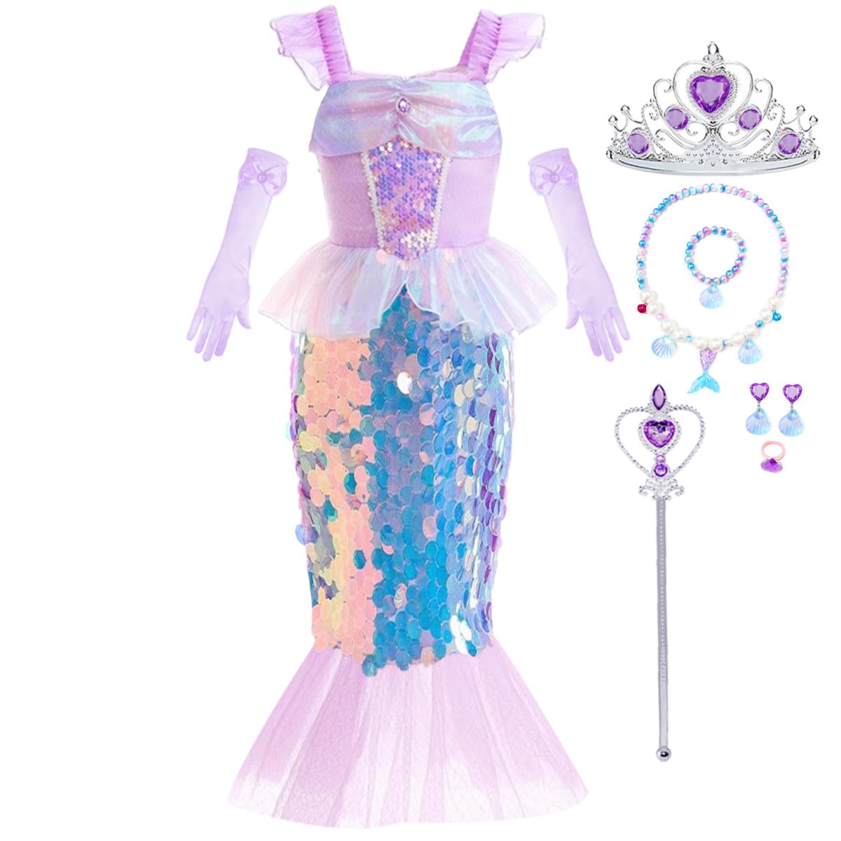 Luzlen Little Girls Mermaid Princess Costume Sequins Party Dress For Toddler Kids Baby Halloween Dress Up With Accessories, Purple, 3-4 Years(Tag 110)