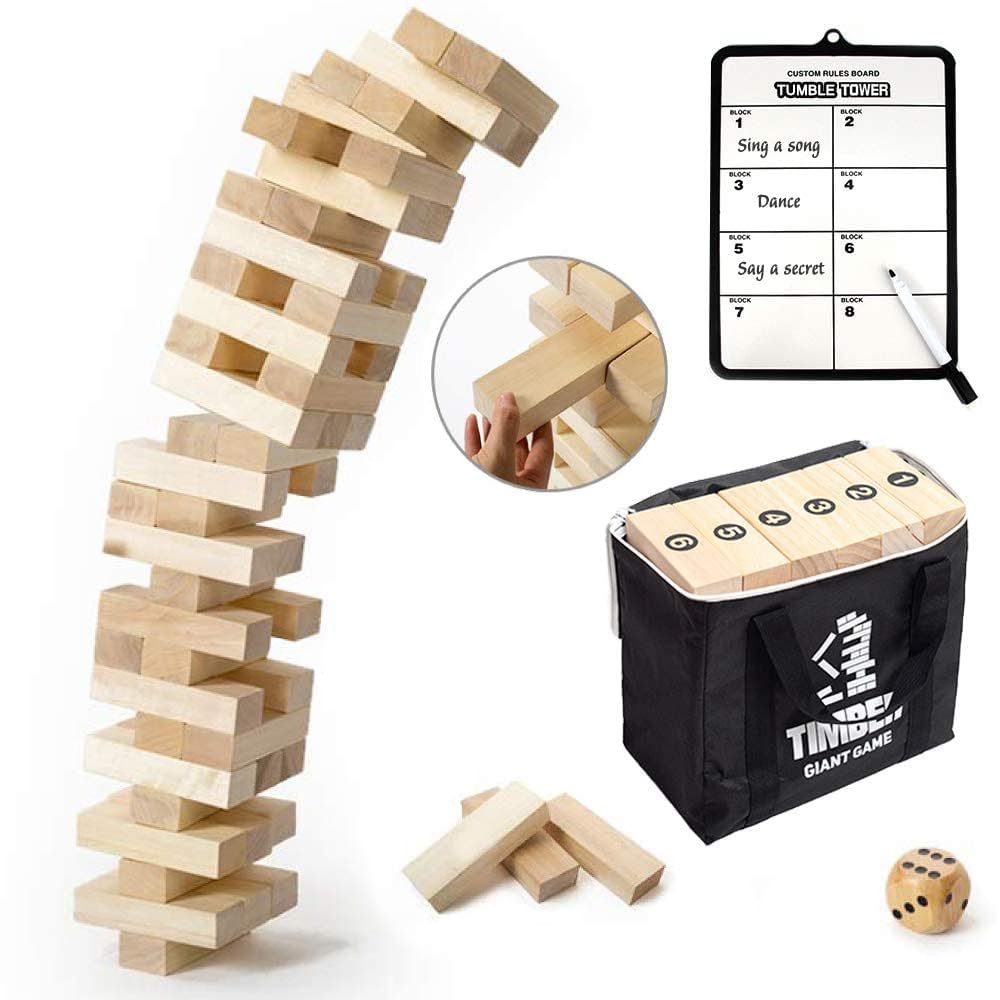 Gentle Monster Giant Tumble Tower with Dice & Game Board  56 Pcs Large Size Wooden Stacking Game  Classic Outdoor Games for mature-themed Kids Family (Jumbo 56pc)