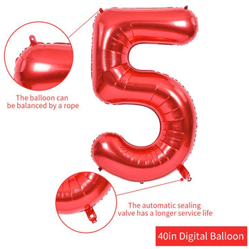 Toniful 40 Inch Red Large Numbers Balloons 0-9, Number 5 Digital 5 Helium Balloons, Foil Mylar Big Number Balloons For Birthday