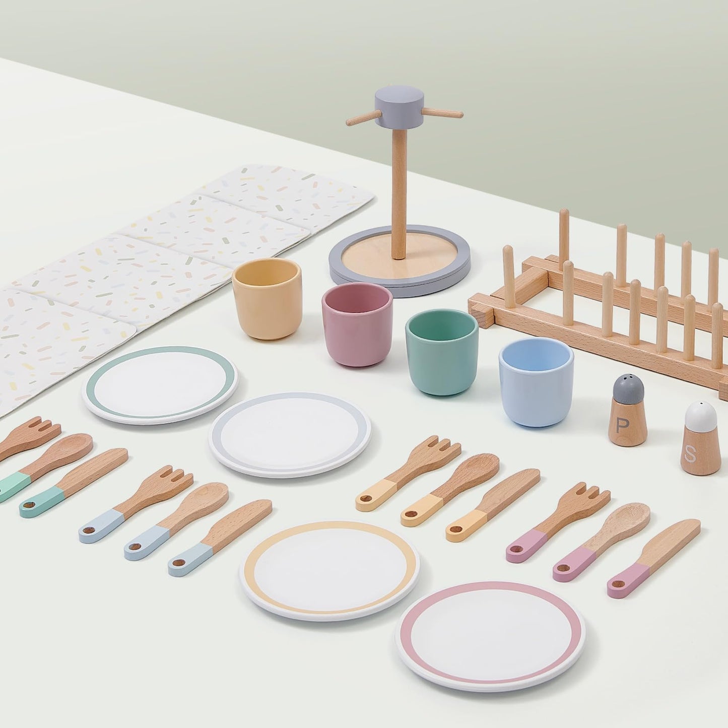 Lonico Wooden Play Kitchen Accessories Toys for Toddlers 3-5, Kids Play Kitchen with Realistic Plates & Dishes & Tableware, Mont