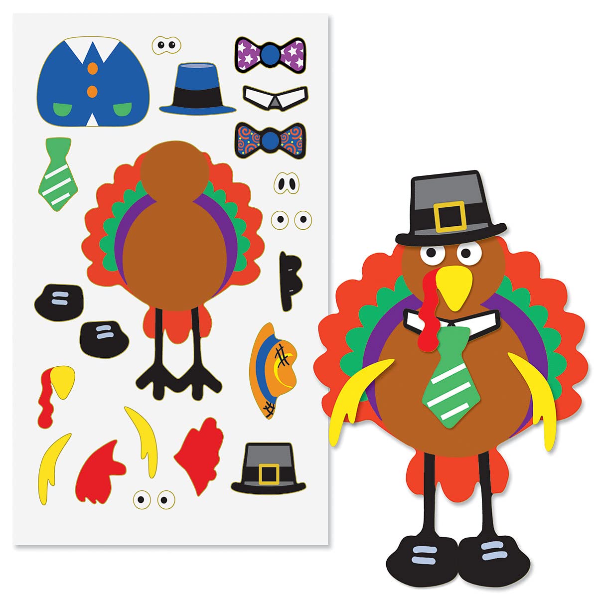Make-A-Turkey Thanksgiving Sticker Sheets, Makes 12 Turkeys, Kids Classroom Activities, Party Favors, 22 Accessory Stickers, 4 1/2 X 7 1/2 Inch Sheets, By Current