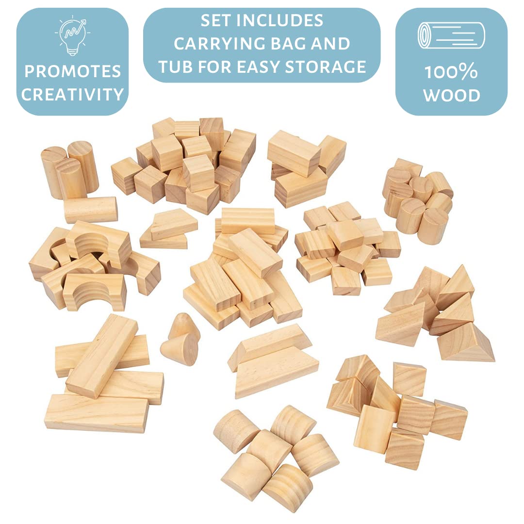 Wooden Blocks Set - 100 Pc Natural Colored Wood Building Block Toys- 100% Real Wood, 14 Different Shapes, Great Gift For Kids Or School Project, Hands On Indoor Activity Play- Build, Stack And Create