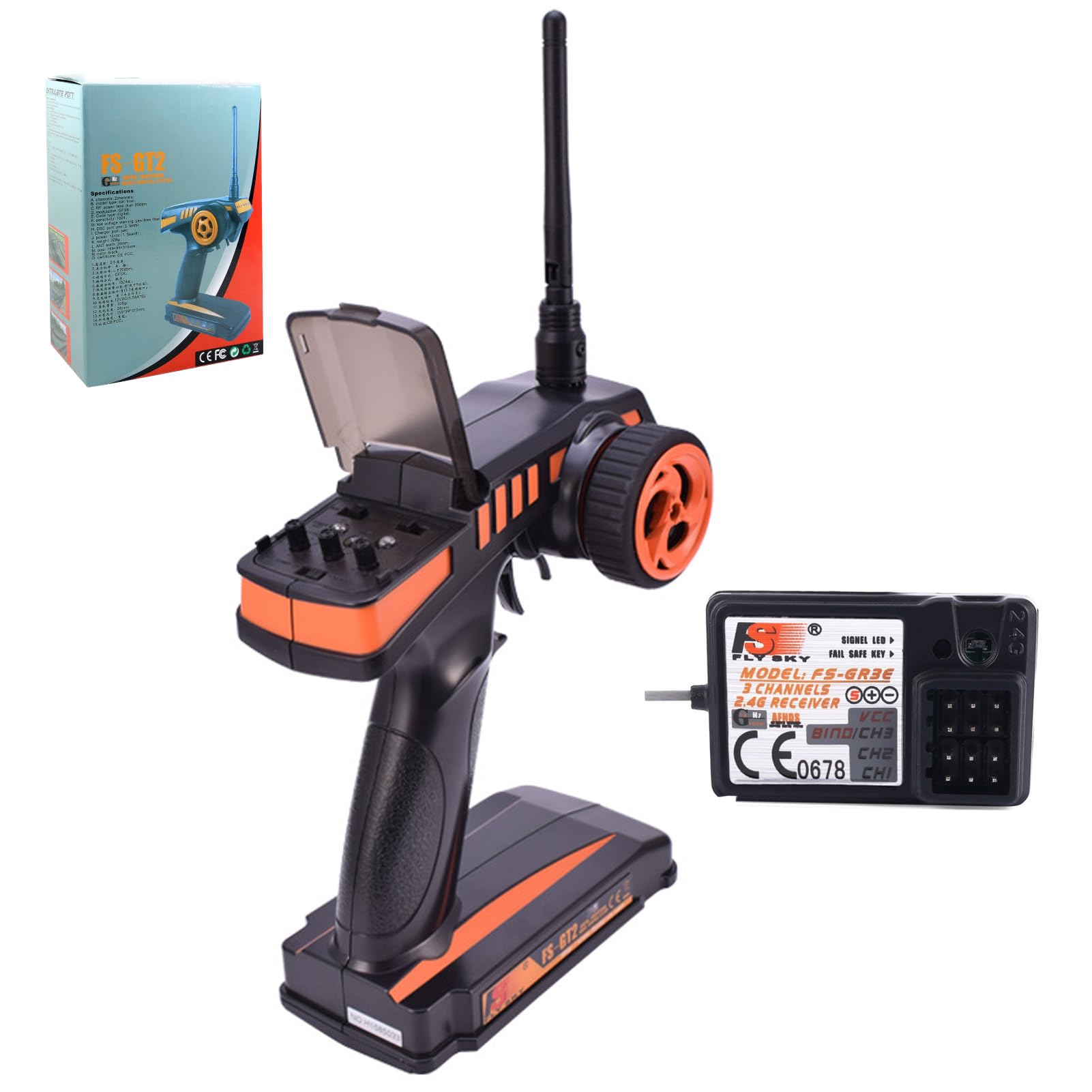 Flysky FS-GT2 RC Transmitter with FS-GR3E Receiver, 2.4GHz 2 Channels Radio Controller and 3 Channels Receiver for RC Car Boat