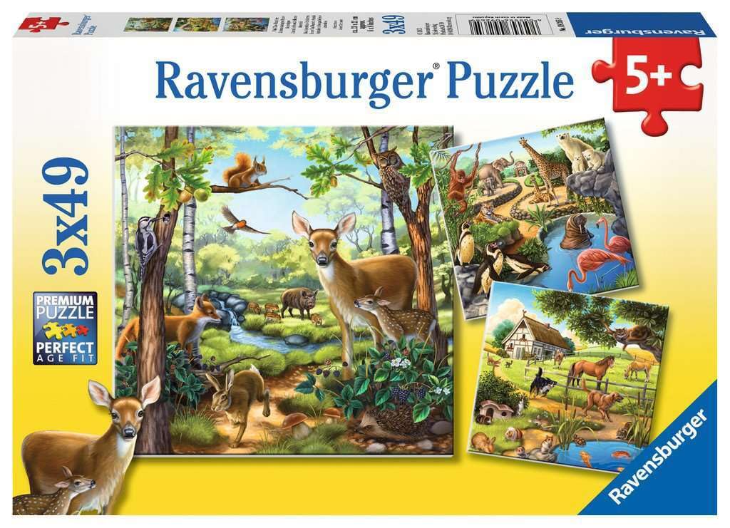 Ravensburger Animals Of The Forest, Zoo & Farm 3X49 Piece Jigsaw Puzzle Set Forkids - | Unique Piece Design | Anti-Glare Surface | Skill-Building, Fun Activity | Amazon Exclusive