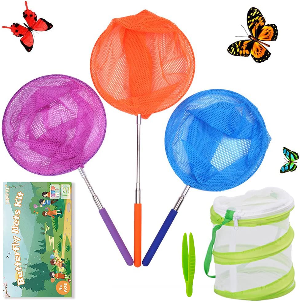 Dewel Kids Telescopic Butterfly Fishing Nets Butterfly Catchers For Kids Insect Catching Nets Outdoor Tools For Catching Bugs Fish Insect,Pop Up Mesh Cage Tweezers And Pliers Kit Extendable 34 Inches