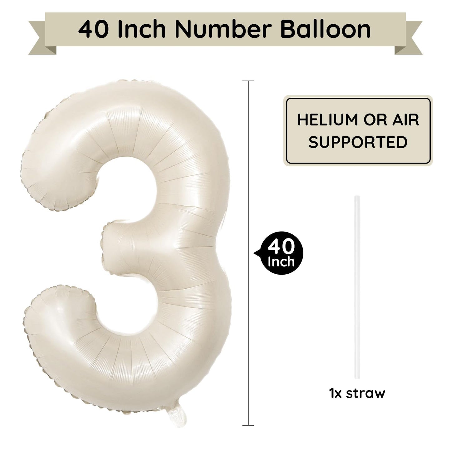 Paticool 40 Inch Beige Number Balloon 3, Large Cream Number Foil Mylar Balloons For Birthday Party Celebration Decorations Suppl