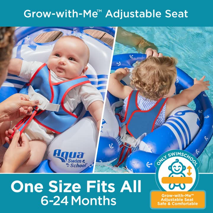 Swimschool Freestyle Swimmer Baby Pool Float With Sunshade Canopy And Multi-Position, Adjustable Safety Seat, Dual Air Chambers Safe, Red-White-Blue Nautical