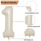 Biapian 40 Inch Cream White Number 1 Balloons, Beige White Large Number One Balloon With Cream Foil Heart Balloons For 1St Birth