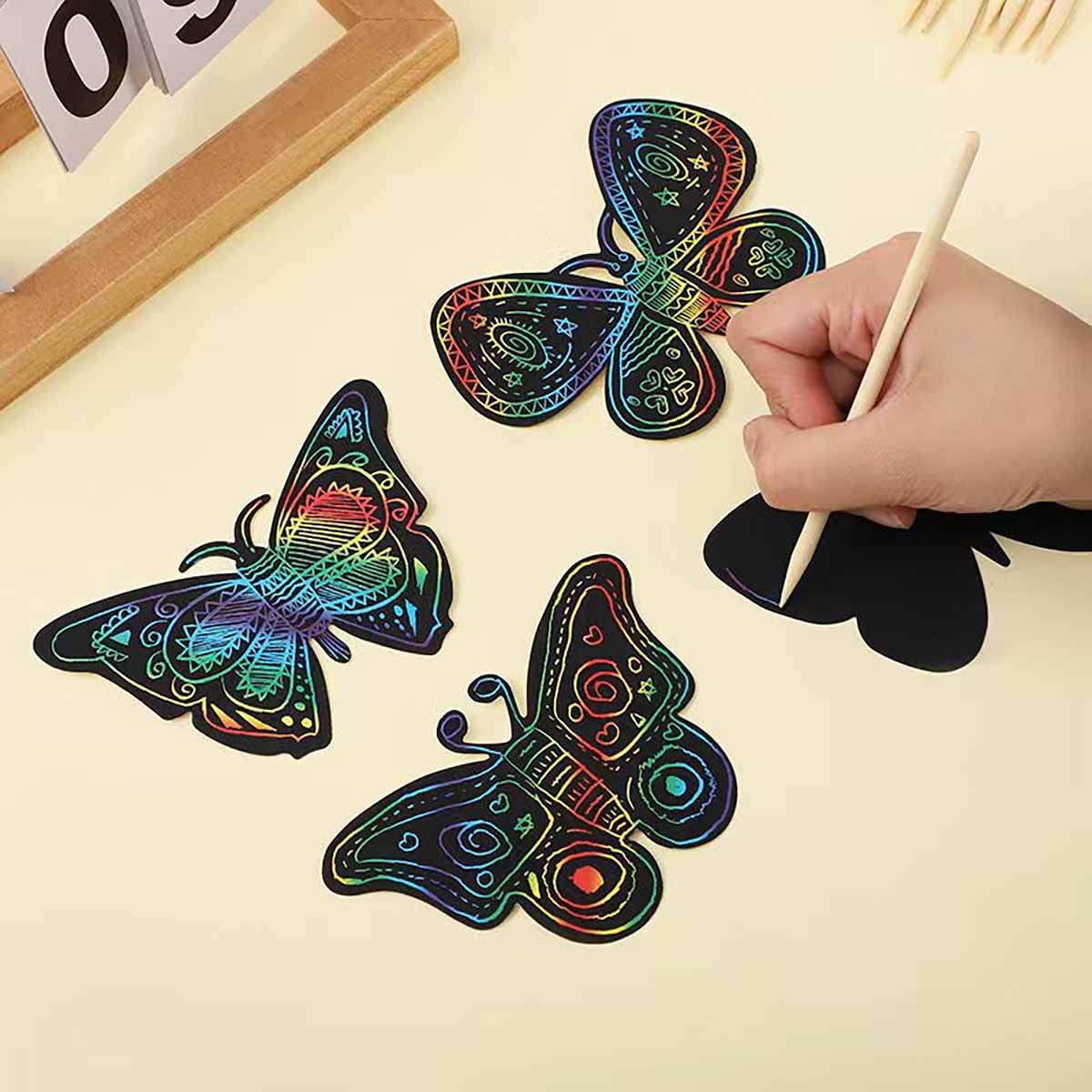 Kukiwhy 24 PCS Rainbow Spring Butterfly Crafts Scratch Cards,Party Favors DIY Birthday Gift Supplies for Kids, 12 Styles
