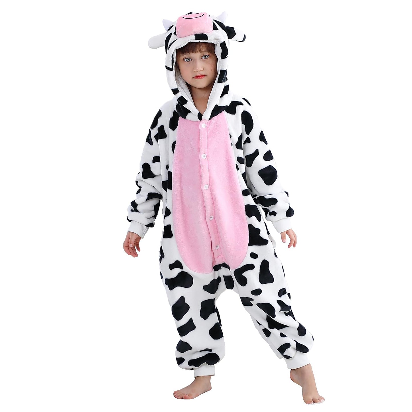 MICHLEY Animal Hooded Romper Kids Flannel Halloween Cosplay Pajamas Costume 3-12T for Autumn Winter, Cow, 9-10T, Size130
