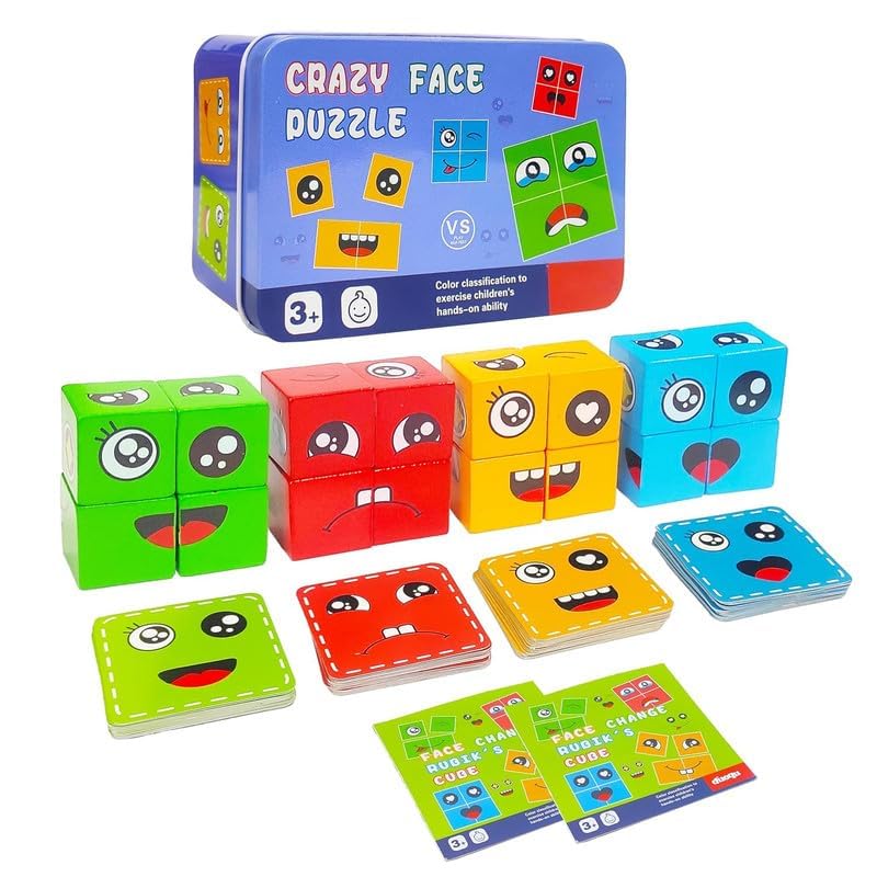 Zdqtra Face Changing Cube Game For Preschool Kids Toddler Puzzle Game,16 Wooden Cube 72 Puzzle Card And 1 Bell (1 Pcs/Multicolor