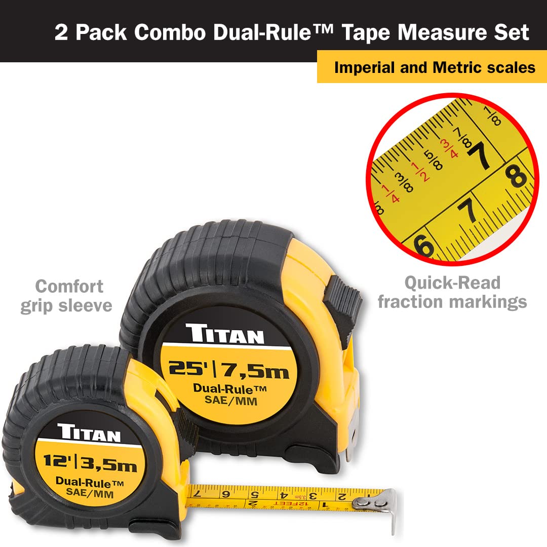 Titan - 2 Piece Combo 12' & 25' Dual Rule (Standard & Metric) Tape Measure Set With Quick Read Markings