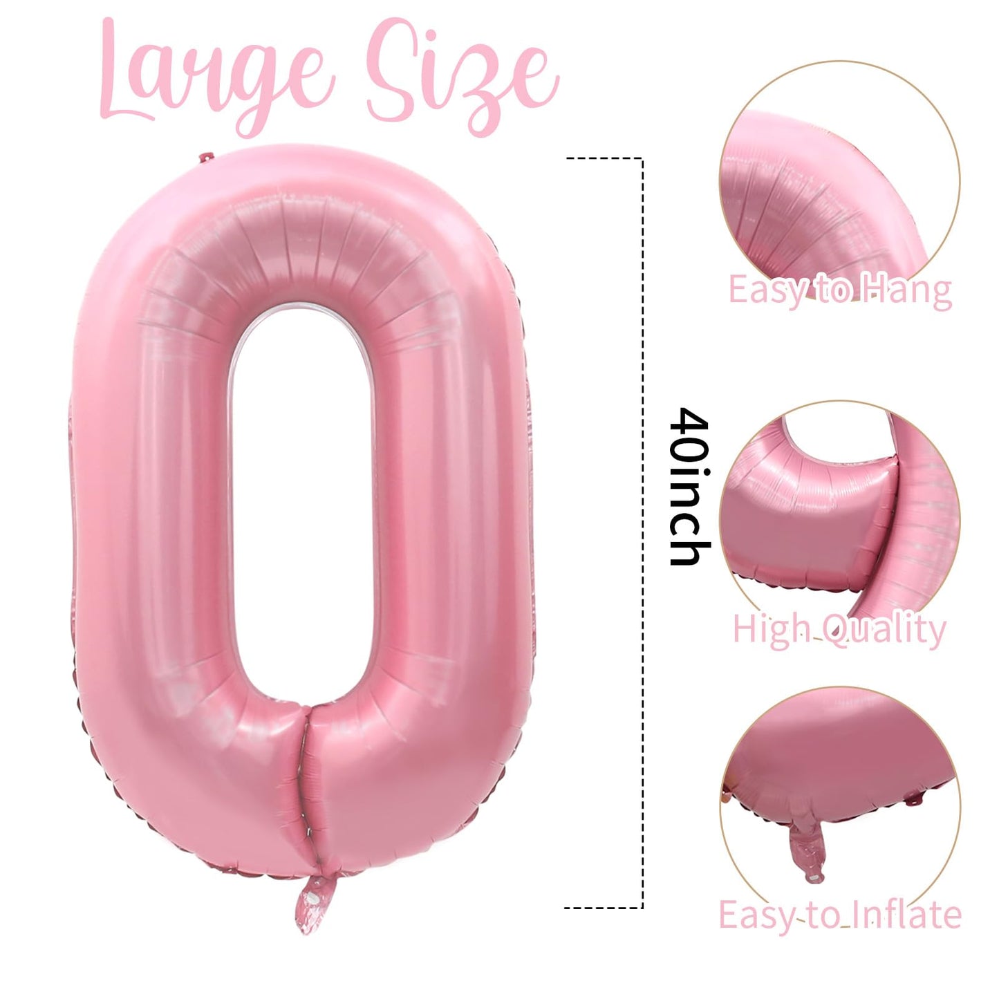 40 Inch Pink Number 0 Balloons, Large 0 Balloon Number Pink Foil Number Balloons, Light Pink Mylar Birthday Balloons for Birthda
