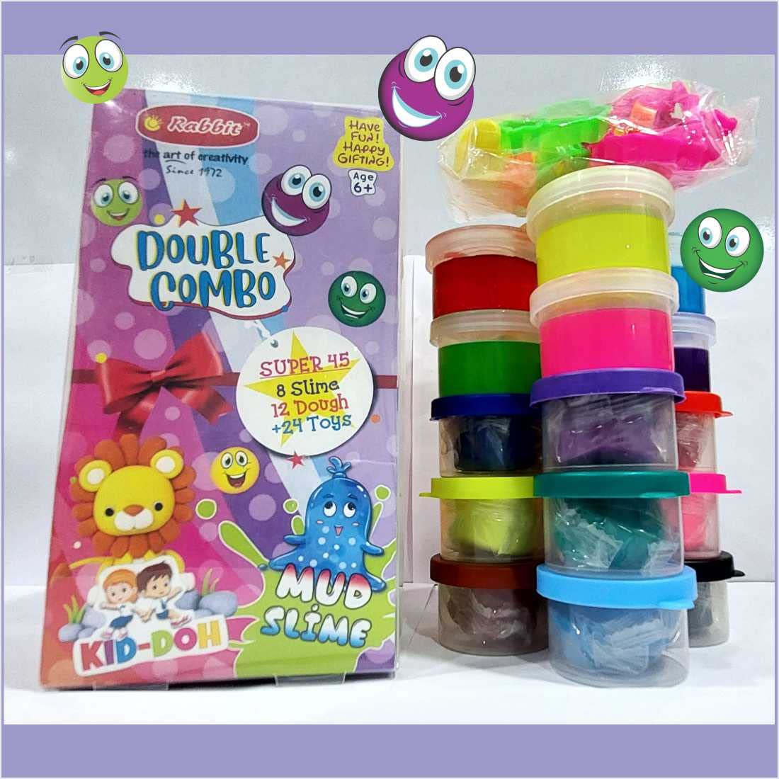 Rabbit Dough & Slime Double Combo Pack | 12 Soft Modelling Doughs + 8 Galaxy Slimes + 24 Fun Moulds + Roller & Cutter | 24 Vibra