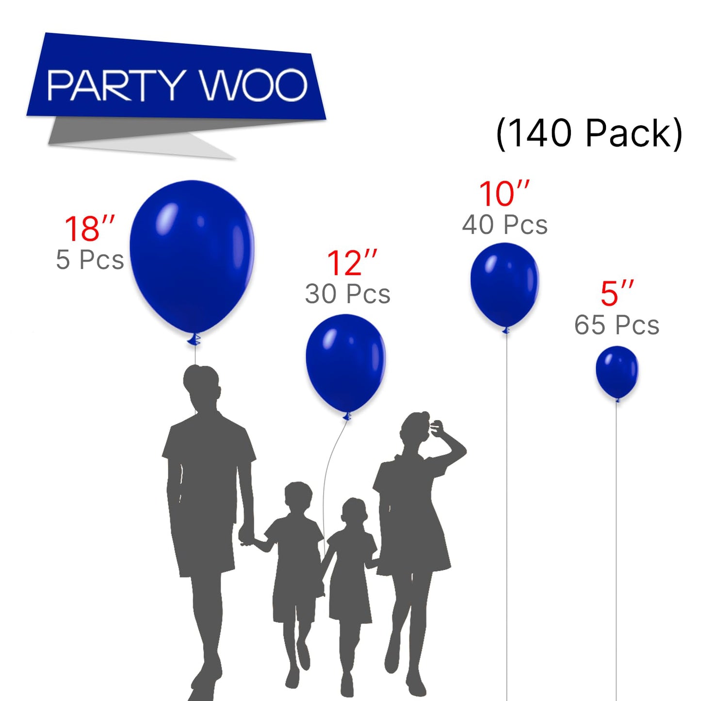 PartyWoo Blue Balloons Pack - 140 pcs Rubber Balloons in 5-18 Inch Sizes for Garland & Arch Decorations, Dark Blue Color