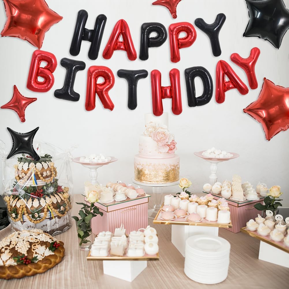 TONIFUL 35PCS 16 Inch Black Red Happy Birthday Balloon Black Red Happy Birthday Balloons Decorations with Star Balloons for Girl
