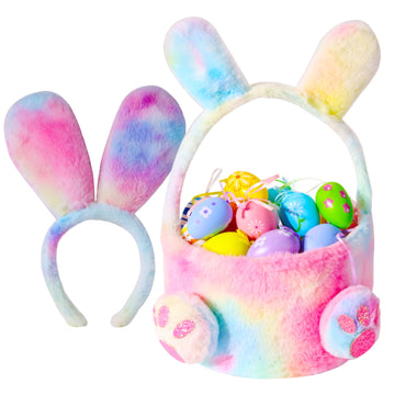 PinkSheep Bunny Ears and Basket for Girls,Pink Bunny Headbands with Bakset and Bunny Costume for Girls Bluk Party Favors, Rabbit