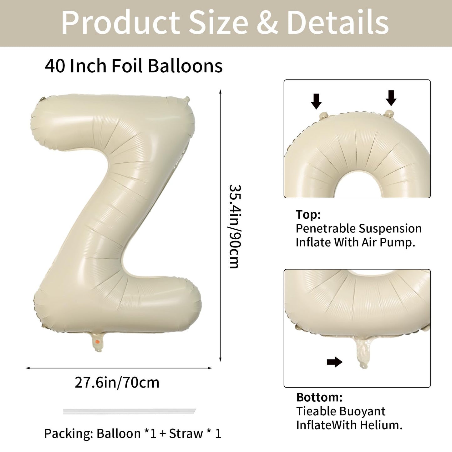 Biapian 40 Inch Letter Z Balloons, Giant Cream Z Foil Balloon, Big Single Alphabet A-Z Balloons, Beige Large Aluminum Z Balloons