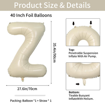Biapian 40 Inch Letter Z Balloons, Giant Cream Z Foil Balloon, Big Single Alphabet A-Z Balloons, Beige Large Aluminum Z Balloons