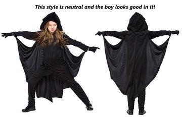 Cooljoy Kids Unisex Vampire Bat Costume, Jumpsuit Halloween Cosplay Costume, Party Animal Costume Outfits, Long Section,With Gloves (M) Black