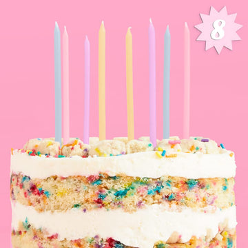 xo, Fetti Skinny Pastel Happy Birthday Party Candles - 8 Pieces | Cute Bday Supplies, Fun Cake Decorations