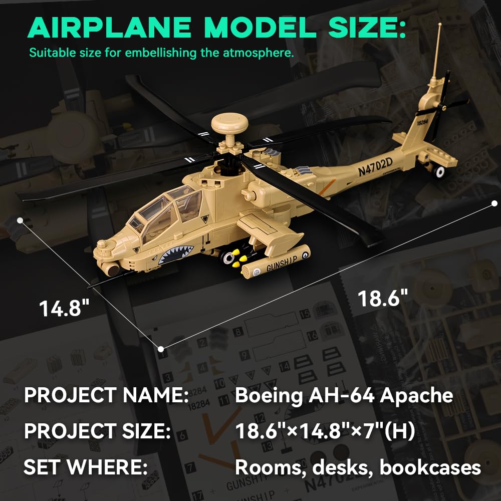 ArtorBricks AH-64 Apache Air Military Building Set with Display Stand - 183-Piece Model Kit for mature-themeds  Collectors & Enthusiasts  enhanced Gift Box Packaging for Holiday & Birthday Present
