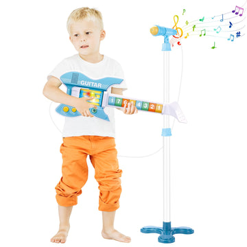 Deao Kids Guitar And Microphone Set With Stand Adjustable Height Music Light Karaoke Music Toys Christmas Birthday Gift For Kids Boys Girls (Blue)