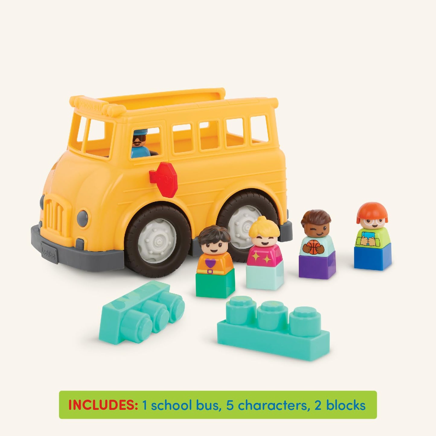 Battat - School Bus - 8Pc Construction Set - 5 Figures & 2 Blocks - Build-On Vehicle - 12 Months + - Locbloc School Bus