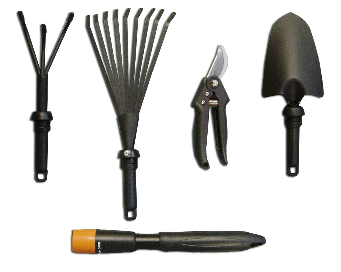 SPAREHAND Garden Tool Set - 5-in-1 Heavy Duty Gardening Tools with Changeable Handles, Trowel, Spring Pruner, Cultivator, & Flat