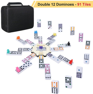 ESSAJOY Double 12 Mexican Train Dominoes, 91 Tiles Dot Dominoes Games in Portable Case with 9 Trains Instruction Booklet Score P