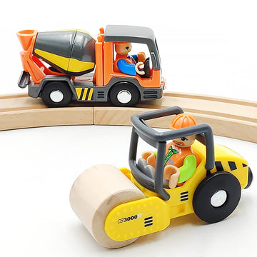 Dshmixia Wooden Train Cars Track Accessories Set Rescue Roller Truck And Mix Truck Toys Small Vehicles Magnetic Train Cars Fit For Wooden Train Track Railway For Boys And Girls (Engineering Set)