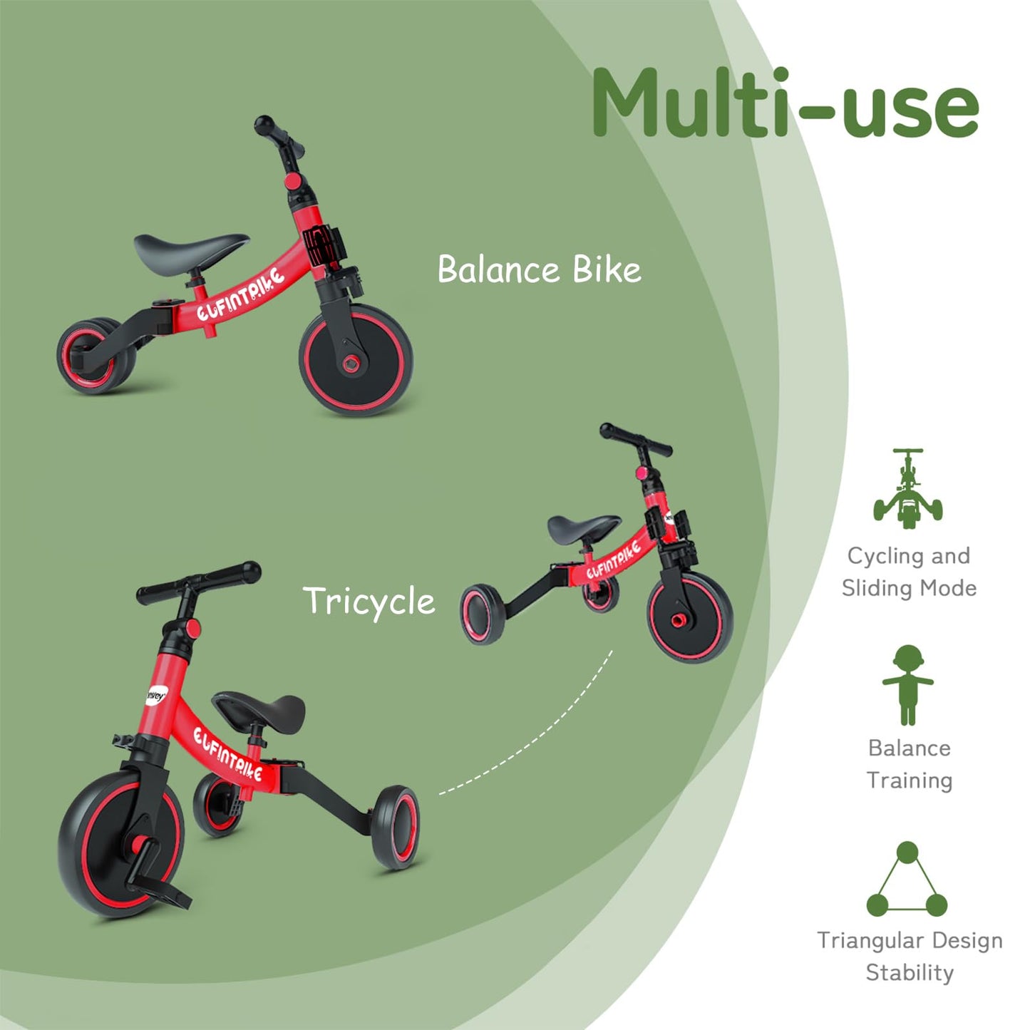 besrey 5 in 1 Toddler Bike Tricycle for Kids 1-4 Years, Red, Carbon Steel, Model BR-C7273, Balance Training, Removable Pedals