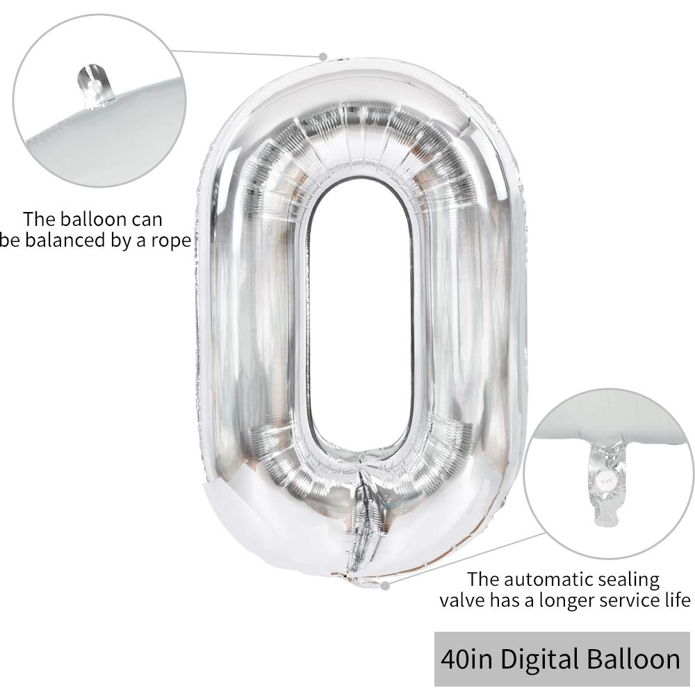 Toniful 40 Inch Silver Large Numbers Balloons 0-9, Number 0 Digital 0 Helium Balloons, Foil Mylar Big Number Balloons For Birthd