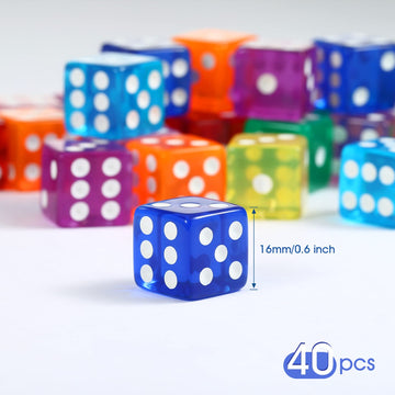 Yinsun 40 Pieces 16mm Dice Set 6-Side Standard Game Dice Set for Board Game, Teaching Math - Square Corners, 8 Translucent Color
