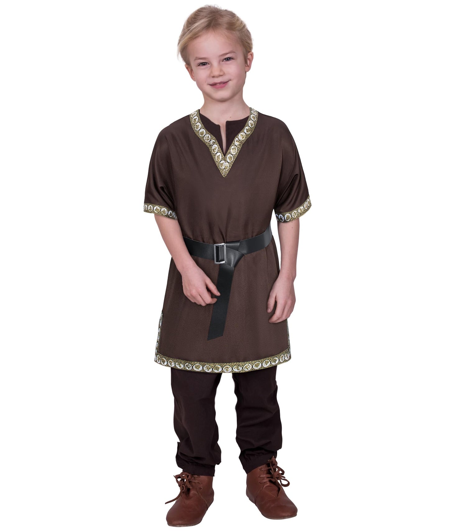 Kids Medieval Costume Boys Viking Tunic Knight Warrior Renaissance Shirts With Belt 10-12 Years Brown