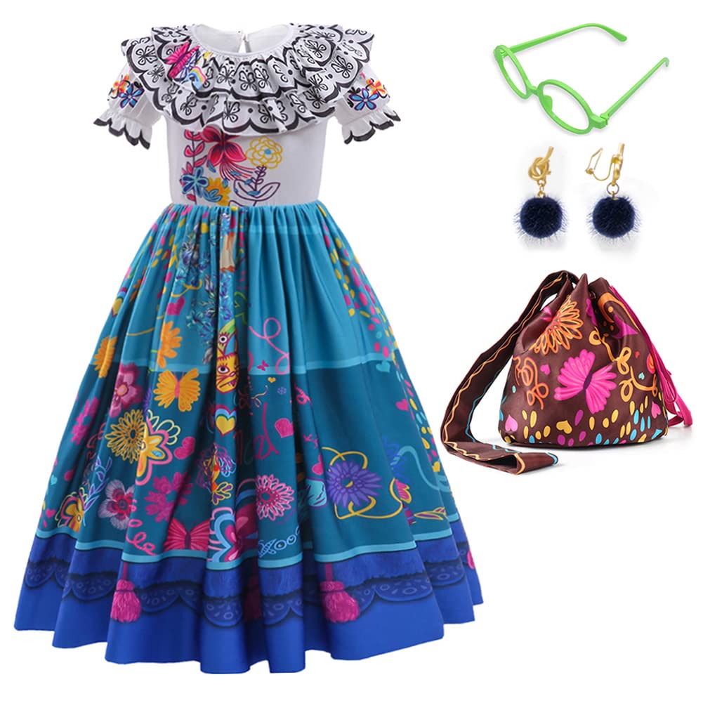 Ccjrlm Encanto Dress Mirabel Dress Encanto,Isabella Encanto Costume For Girls Cosplay Dress Up With Glasses Earrings 7-8 Years