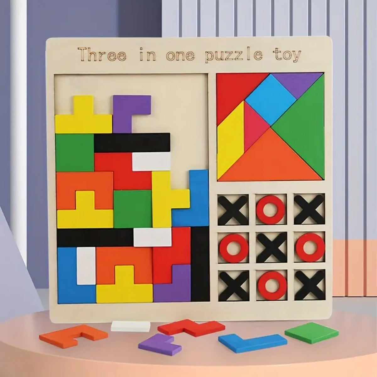 Gaxquly 3In1 Wooden Puzzle Board For Kids ChildrenS Educational Colorful Square Tangram Game Chess Xo TicTacToe NineSquare