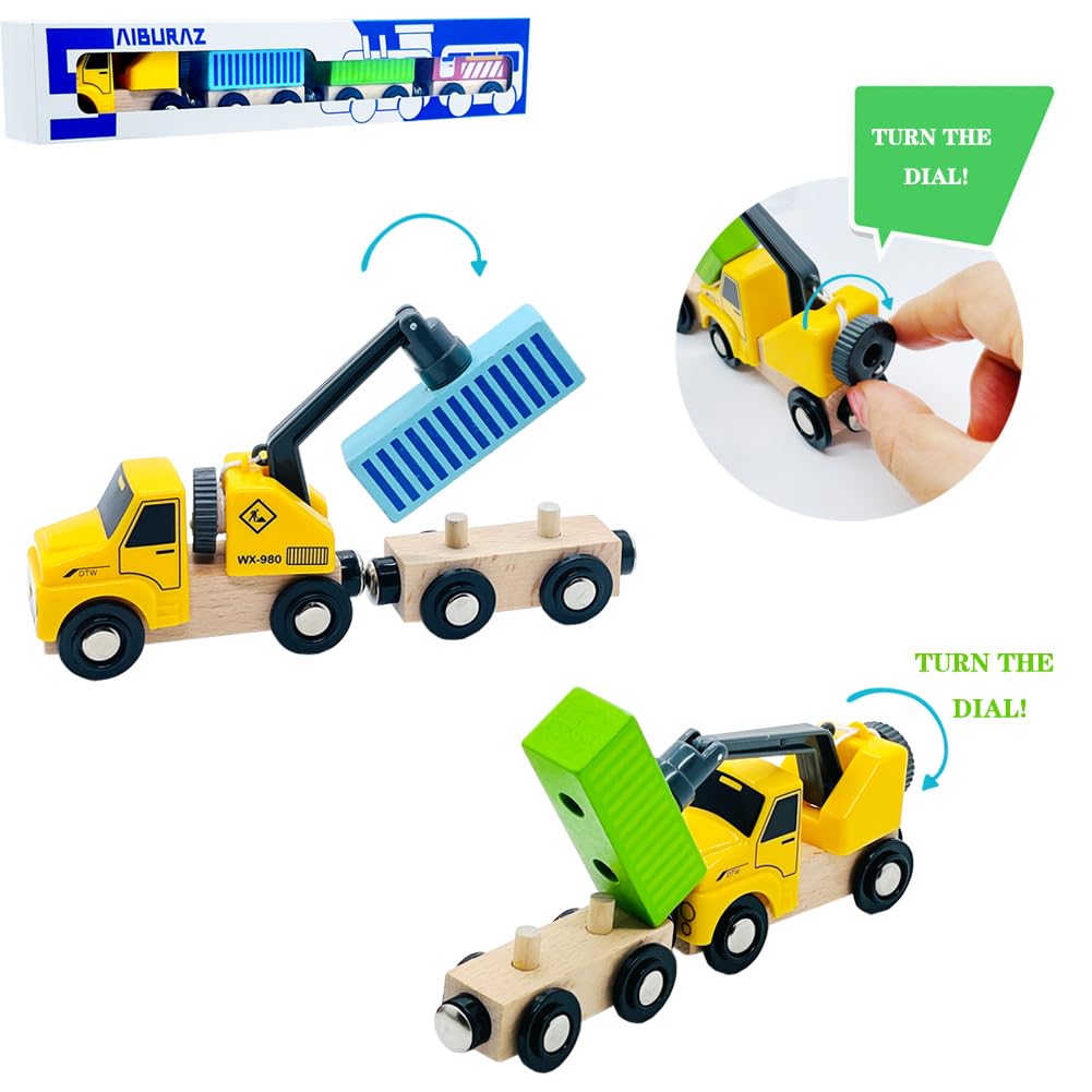 Wooden Trains Cars With Crane Magnetic Train Toys For Wooden Train Tracks Train Sets For Toddlers And Kids Ages 3+ (Crane Train)