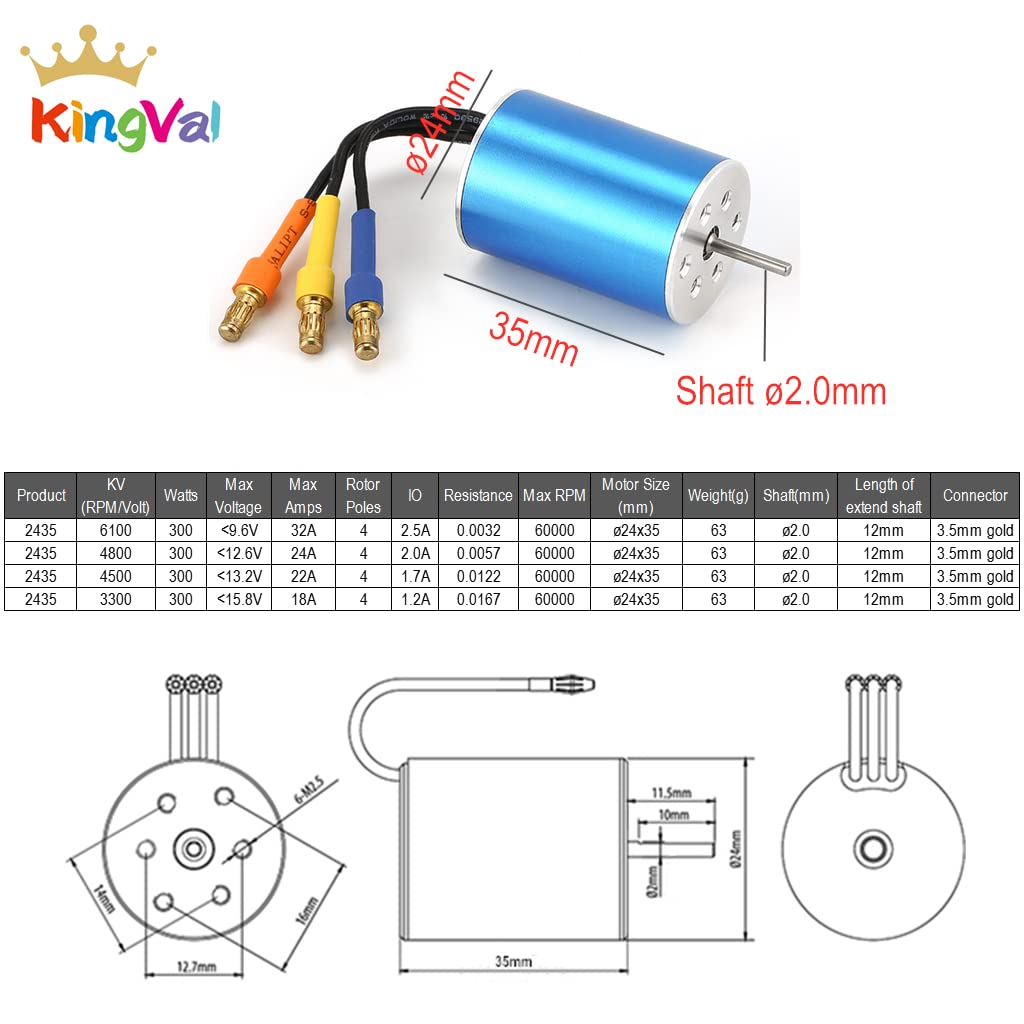 Kingval Replacement 2435 4800Kv Sensorless Brushless Motor Shaft 2.0Mm With 25A Brushless Esc Compatible With 1/16 1/18 Rc Car