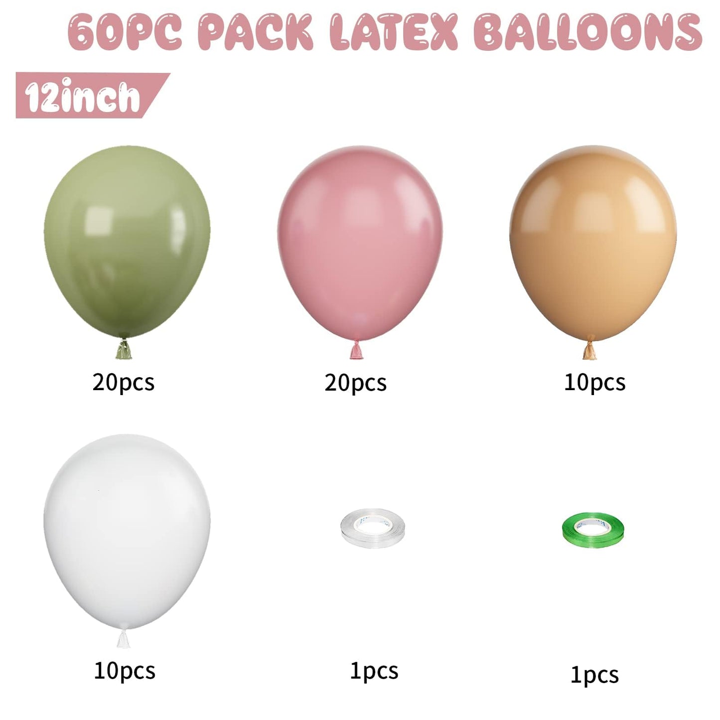 Sage Green Pink Balloons, 60 Pcs 12 Inch Green Pink White Apricot Balloons, Sage Green Birthday Balloons For Kids, Dusty Pink He