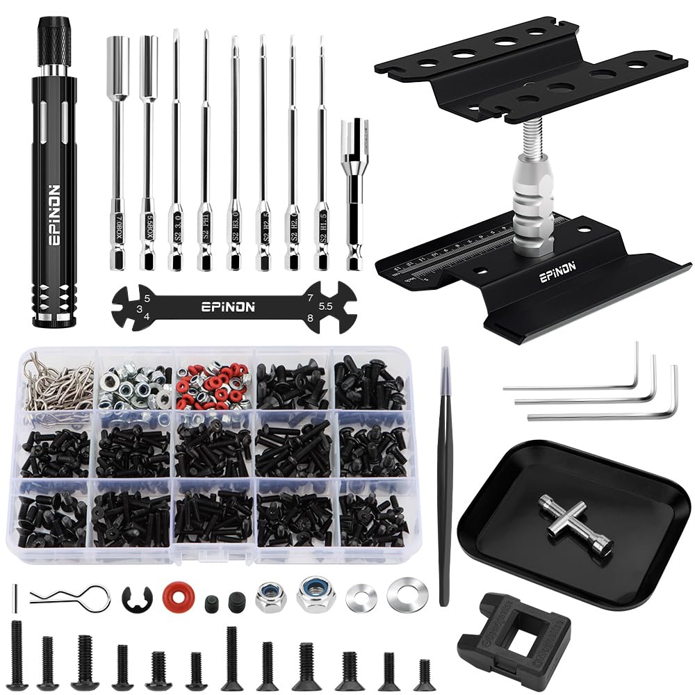 EPINON RC Car Repair Work Stand Repair Tool Set 360 Degree Rotation and 520 Pcs RC Screws Kit and RC Screwdrivers and Screws Pal