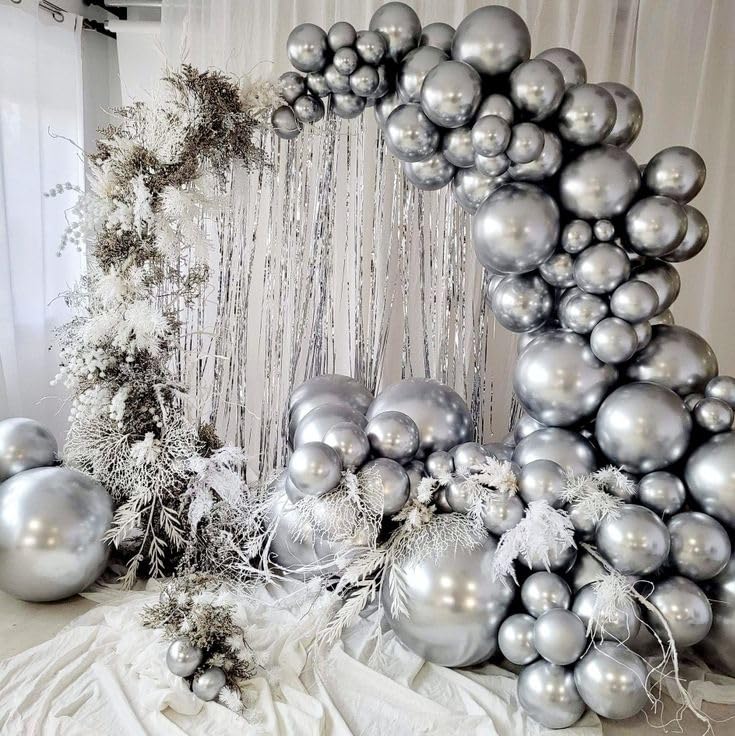 Bezente 36 Inch Metallic Silver Giant Balloons - 8 Pack Jumbo Latex for Weddings, Baby Showers, and Birthday Parties