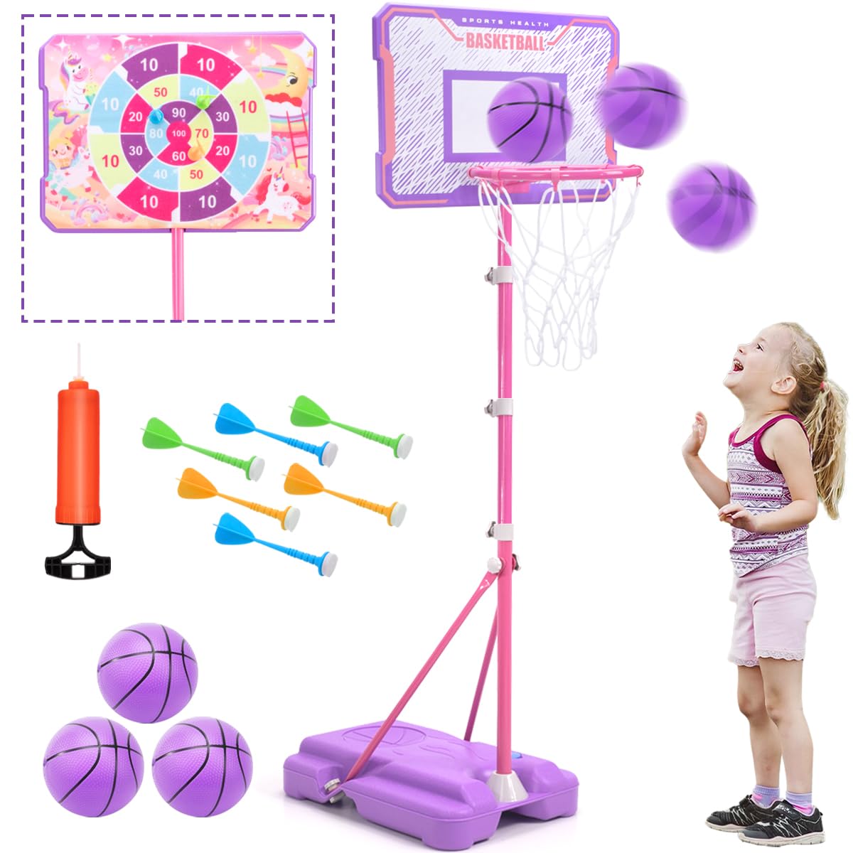 Meland Kids Basketball Hoop, Pink Basketball Hoop For Kids Toddler Basketball Hoop Outdoor & Indoor With Dart Board, Adjustable Height 3.4-6.2Ft Birthday Gift Toys For Girls 3 4 5 6 7 8 Years Old